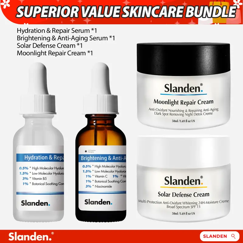 Slanden Serum + Cream Bundle: Essence & Moisturizer Duo Brighten & Renew. Deeply hydrate. Fade dark spots. Combat acne. Soothe skin. Repair damage. Reduce wrinkles. Firm skin. Smooth lines. Strengthen barrier. Tighten pores. Enhance glow. 0
