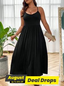 【Plus Size】 Criss Cross Backless Cami Dress, Summer Clothes Women, Casual Basic Solid Sleeveless Adjustable Spaghetti Strap A-Line Dress for Summer, Women's Clothes for Party Holiday, Boho Summer Dress Clothes, Black Holiday Dresses, Womenswear