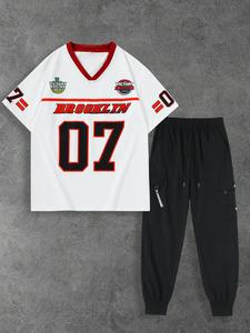 Men's Letter & Number Print Short Sleeve Tee & Pants Set, Casual V Neck T-shirt & Trousers, Men's Summer Clothes