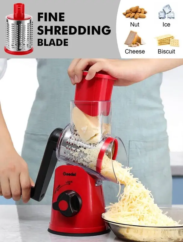 Rotary Cheese Grater, Vegetable Slicer with Three Drum Blades, Grater for Kitchen Faster and Easy Cutting, Rotary Drum Grater Ideal for Cheese, Cucumber, Carrot, Nuts, etc. Traditional Utensils 6