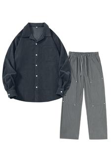 Men's Solid Button Front Shirt & Pants Set, Casual Long Sleeve Collared Top & Trousers, Men's Fall & Winter Clothes for Daily Wear