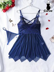【Plus Size】 Contrast Lace Bow Decor Cami Nightdress & Thong Set, Sexy Spaghetti Strap Nightgown & Panty Two-piece Set, Women's Sleepwear for All Seasons