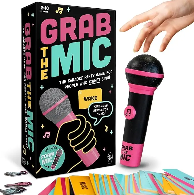 Grab The Mic – Family Karaoke Game, 8+ Year Olds, 2-10 Players - Board Game for Bad Singers with 250 Lyrics (125 Cards) for Hilarious Game Nights & Birthday Party 0