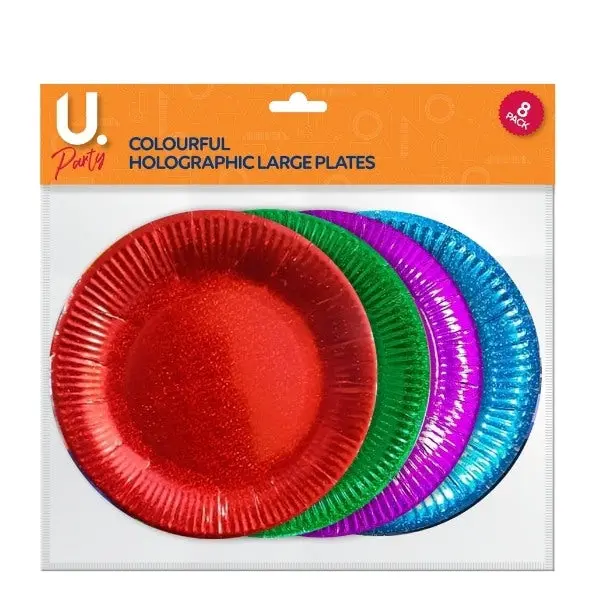 Holographic Large Paper Plates Colourful Pack of 8 P1422 (Large Letter Rate) Disposable Lightweight 0