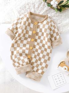 Baby's Plaid Print Long Sleeve Sweater Matching Cute Onesie, Casual Cozy Button Front Crew Neck Sweater Jumpsuit for Baby, Newborn Hospital Outfit, Newborn Infant Kids Crawling Knitwear for Fall & Winter Daily Wear