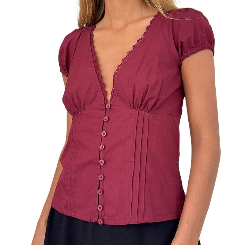 Women's Summer Solid Color Casual Shirt Short Sleeve Deep V Neck Lace Trim Buton Up Party Sweet Crop Tops Womenswear Blouse 7