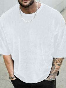 Men's Solid Color Ribbed Short Sleeve Tee, Regular Fit Casual Comfy Round Neck T-shirt for Summer, Fashion Men's Top for Daily Wear, Tropical