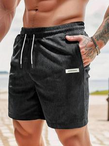 Men's Letter Patched Drawstring Waist Corduroy Shorts, Casual  Pocket Shorts for Fall & Winter, Men's Bottoms for Daily Wear