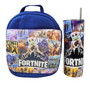 Back to School Fortnite inspired 600ml tumbler with metal straw and straw cleaner with matching cooler lunch bag perfect for any gamer. fortnite gaming gamer school essentials packed lunch bag vibrant design acrylic tumblers flask Drinkware Kids Set Steel