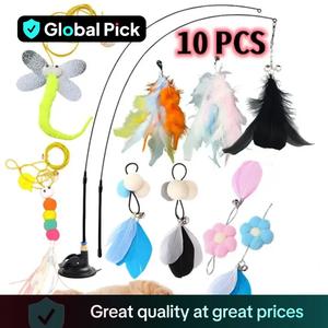 Cat Teaser Toy, 10pcs/set Interactive Cat Teaser Toy, Fun Indoor Cat Toy, Cats Chasing Stick, Animal Supplies