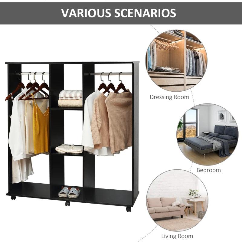 Small Rolling Open Style Wardrobe with 3 Storage Shelves and 2 Inner Railings 6