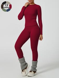 Women's Solid Long Sleeve Tee & High Waist Leggings Tracksuit Set, Sporty Round Neck Top & Skinny Pants Two-piece Set for Gym Workout Running, Ladies Fall & Winter Sportswear, Activewear, Yoga Tracksuit Set