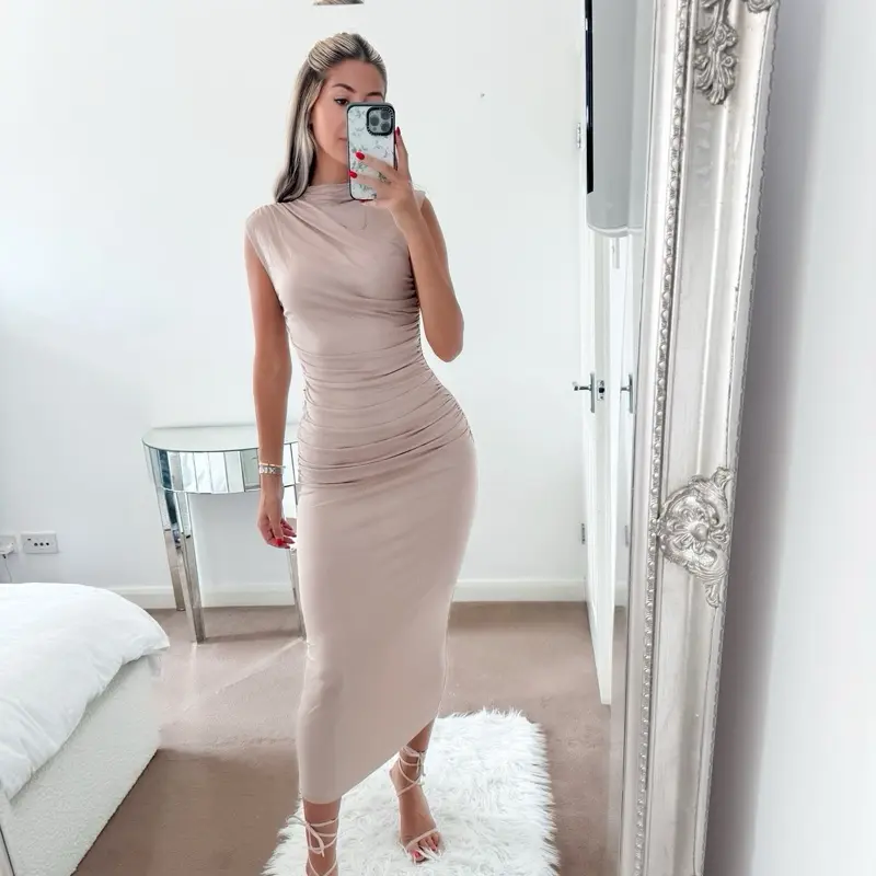 ‘Tori’ Taupe Ruched bodycon dress 1