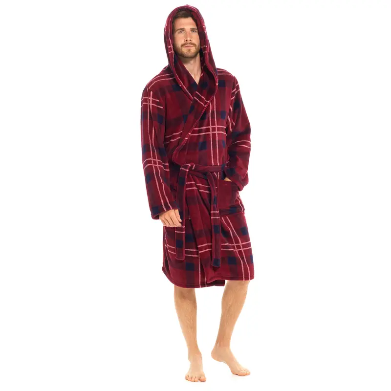 Men's Coral Fleece Tartan Checked Hooded Robe Dressing Gown 1