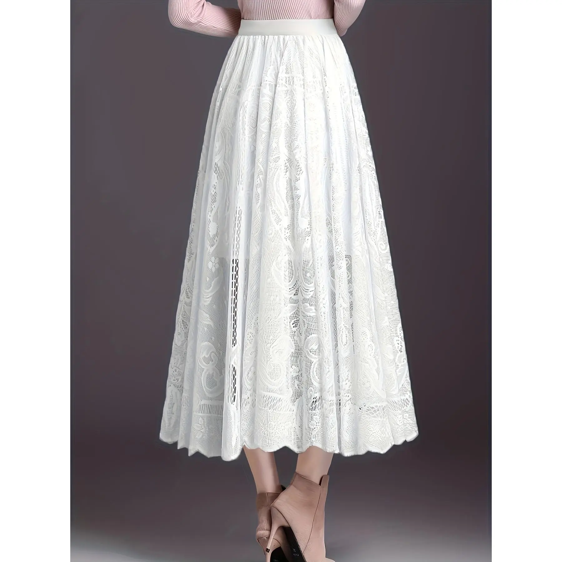 Polly Pocket Skirt Hollow Out Scallop Hem Lace Skirt, Casual Elastic Waist A-line Skirt, Women's Clothing