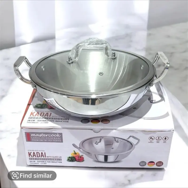 Stainless Steel Karahi With Glass Lid Wok Fry Pan Curry Dish Heavy Duty induction base