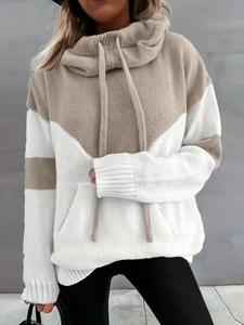 Women's Colorblock Drawstring Pocket Hooded Sweater, Chic Casual Drop Shoulder Long Sleeve Jumper for Fall & Winter, Jumpers for Women, Women's Knitwear for Daily Wear, Workwear for Women, Workwear, Going-out Tops