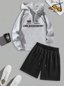 Men's Letter Print Half Zip Up Hoodie & Shorts Two-piece Set, Casual Long Sleeve Hooded Sweatshirt & Shorts for Fall, Men's Outfits for Daily Wear
