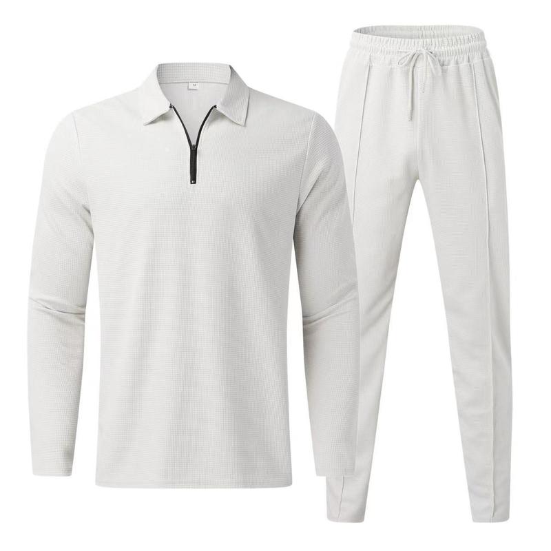 Product Introduction of Men's Solid Zipper Polo Shirt & Drawstring Waist Pants Set, Regular Fit Casual Long Sleeve Collared Top & Trousers, Men's Spring & Fall Clothes. Regular Fit Casual Long Sleeve Top & Trousers, Men's Clothes for Daily Wear, Polo Tracksuits Men. 2025 Trendy 6