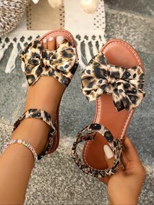 Women's Fashion Leopard Print Bowknot Design Slide Sandals, Casual Comfortable Flat Sandals for Summer, Female All-match Round Toe Fancy Sandals for Daily Wear, Girl, Elegant Sandal
