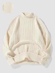 Unisex's Solid Textured Drop Shoulder Sweater, Regular Fit Casual Long Sleeve Mock Neck Jumper for Fall & Winter, Fashion Unisex's Knitwear for Daily Wear