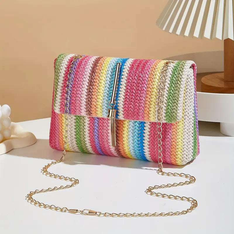 Chic and Elegant Rainbow Stripe Straw Crossbody Bag for Women - Adjustable Shoulder Strap, Magnetic Closure, Tassel Accent, Fashionable Square Purse 2
