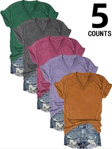 Women's Solid Short Sleeve Vneck Tee, Casual Basic Minimalist Fitted Shortsleeve T-shirt for Summer, Fashion Women's Top for Daily Wear, Summer Tops, Casual Comfy Classy Tshirts for Women, Womenswear, Casual Fashionable Top