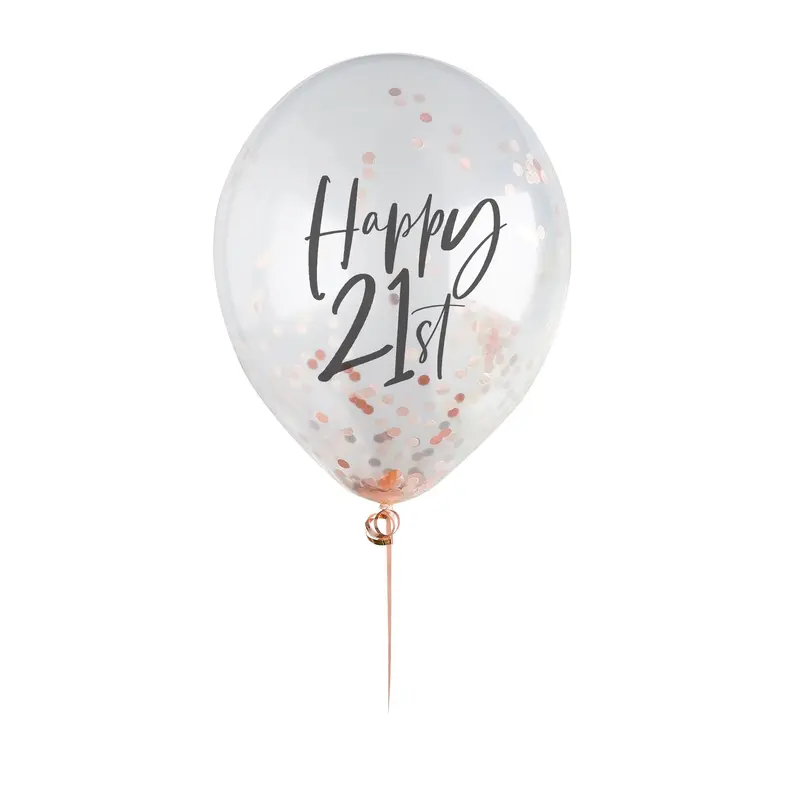 Happy 21st Rose Gold Confetti Balloons - 21st Birthday Balloons - Pack of 5 1