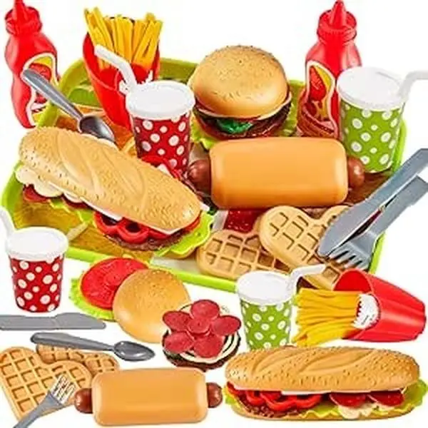 Pretend Play Food Sets for Children Kitchen, Plastic Take Apart Toys Hamburger Fast Food Playset Kids Kitchen Accessories Role Play Toys for 3 4 5 Years Old Kids Boys Girls 0