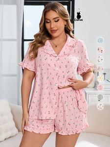[Plus Size]All Over Print Top & Shorts Pyjama Two-Piece Set, Casual Comfy Short Sleeve Top & Shorts Set, Women's Sleepwear & Pajama Set for All Seasons