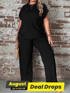 【Plus Size】 Solid Batwing Sleeve Drawstring Tee & Elastic Waist Wide Leg Pants Set, Casual Lounge Short Sleeve Round Neck T-shirt & Trousers, Summer, Plus Size Outfits, Two Piece Set Women, Womenswear, Clothes, Comfortable Fabric, Lady