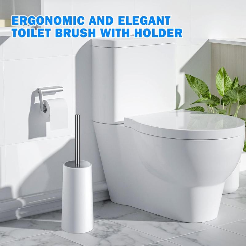 Toilet Brush and Holder, 2 Pack Toilet Brush with 304 Stainless Steel Long Handle, Toilet Bowl Brush for Bathroom Toilet-Ergonomic, Elegant,Durable (White) 2