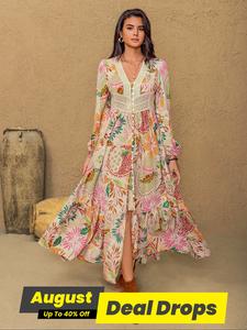 Women's Leaf Print Contrast Lace Button Front Split Thigh Dress, Elegant Bishop Sleeve V Neck Ruffle Hem Long Dress for Holiday Vacation, Ladies Fall & Winter Clothes, Womenswear