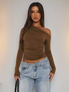 Women's Y2k Style Ruched Asymmetrical Neck Crop Tee, Street Fashion Long Sleeve T-shirt for Daily Wear, Ladies Clothes for All Seasons, T Shirts for Women, Balkan School Outfits