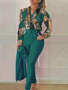Two-piece Set Women's Elegance Leopard Print Long Sleeves Blouse & Solid Pocket Belted Pants Set, 2 Piece Set Women, Chic Button Front Notched Neck Top & High Waist Trousers Set for Spring & Fall, Co-ord Set for Women, Co-ord Sets