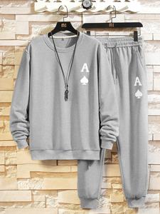 Men's Playing Card Print Sweatshirt & Drawstring Waist Sweatpants Set, Regular Fit Casual Long Sleeve Pullover & Pants, Men's Spring & Fall Outfits
