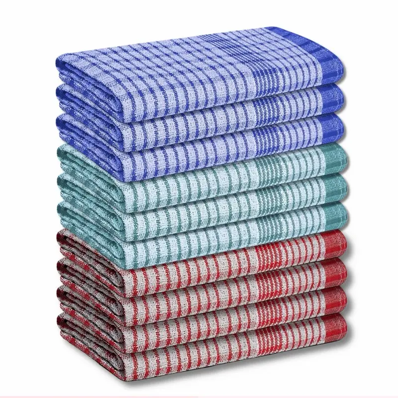 Wonderdry Tea Towels Kitchen Pack of 10, Cotton Absorbent Long Lasting Catering Bar Towels Washable Reusable Water Absorbent Kitchen Long-lasting Cleaning Glass Mix 10Ps ( Red +Blue +Green )