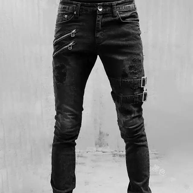 Fashion Street Style Ripped Skinny Jeans Men Vintage wash Solid Denim Trouser Mens Casual Slim fit pencil denim Pants hot sale Menswear Streetwear Pocket Beige 7