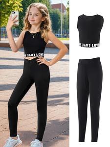 Girl's Letter Print Crop Tank Top & Cross Waist Pants Two-piece Set, Casual Sleeveless Top &  Trousers for Daily Wear, Kids Summer Clothes
