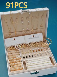 Fashion Faux Pearl Decorated Jewelry, Heart & Flower & Geometric Shape Earring Bracelet Necklace Ring Jewelry Set, Gifts without Box