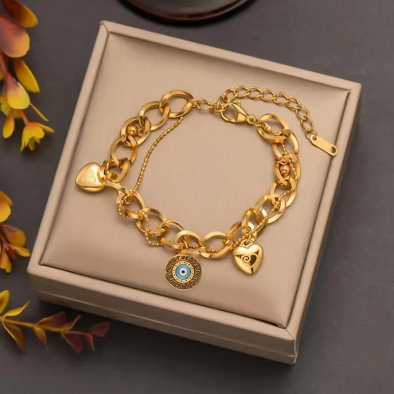 Elegant Golden-Tone Stainless Steel Bracelet with Heart Charms & Evil Eye Pendant - Vintage-Inspired, Design Perfect for Daily Wear & Gifting, Charm Bracelet 2