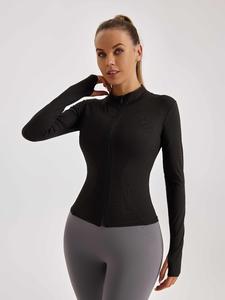 Women's Solid Zip Up Stand Collar Sports Jacket, Long Sleeve Thumb Hole Sports Outerwear for Yoga Gym Workout, Ladies Sportswear for Fall & Winter