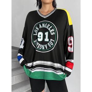 Free Customization of Name and Number on Men's and Women's Colorblock V-neck Jersey T-shirts Within 12 Hours - Los Angeles 91s Graphic Lettering Long-sleeved Tops