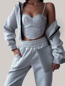 Three-Piece Set Women's Solid Color Drop Shoulder Zip Up Hoodie & Crop Cami Top & Pocket Pants Set, Casual Fashion Cozy Outfits for Daily Outdoor Wear, Women Clothes for Spring Fall