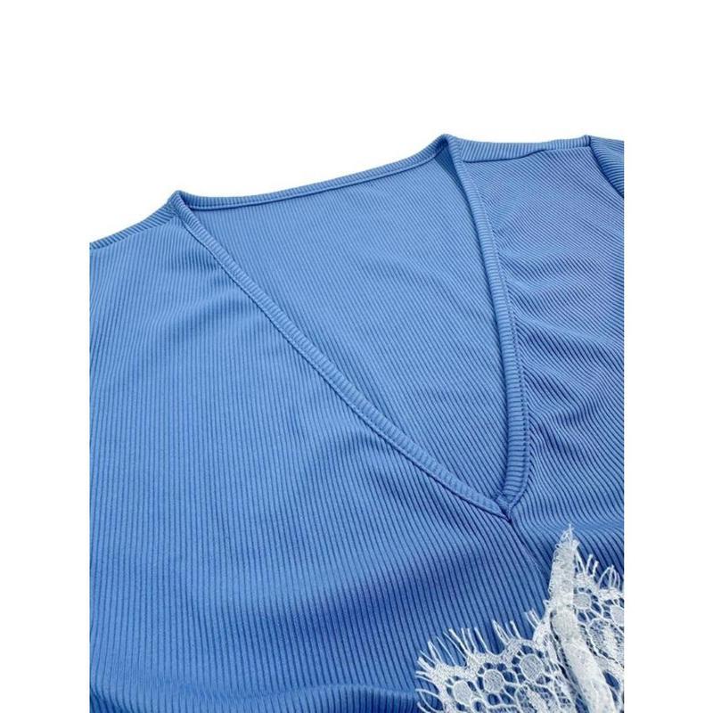 Women's Plain Contrast Lace Sheer Butterfly Sleeve Nightdress, Elegant Lettuce Trim V Neck Cap Sleeve Nightgown, Soft Comfy Sleepwear for Women 5