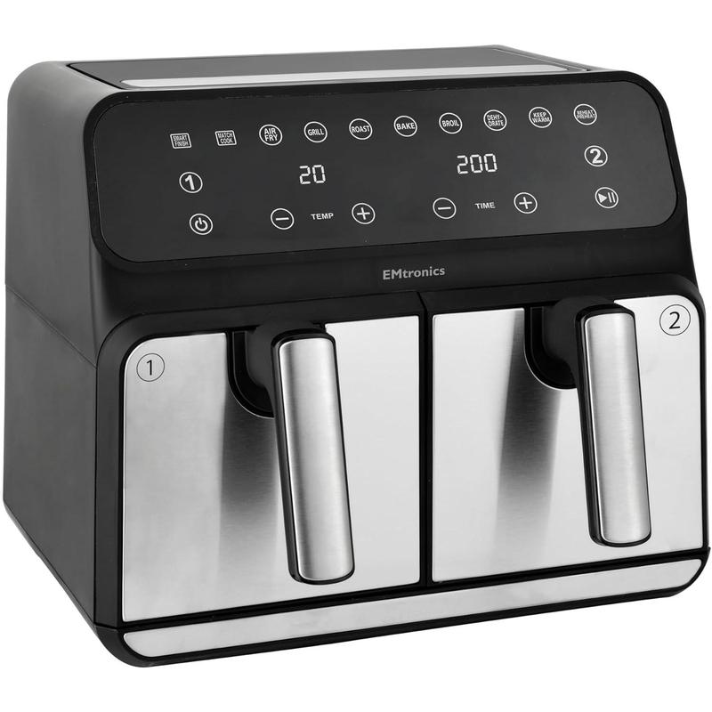 2025NEW-EMtronics EMAFDD8LSL Dual Air Fryer Extra Large Family Size Double XL 8 Litre with 8 Adjustable Pre-Set Menus for Oil Free & Low Fat Healthy Cooking, Easy Clean Metal Interior, 99-Minute Timer - 3
