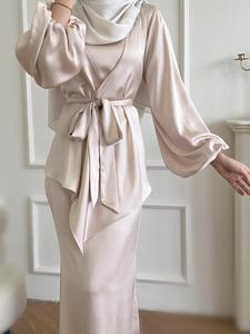 Two-Piece Set Women's Plain Lantern Sleeve Asymmetrical Hem Belted Abaya & Tank Dress Islamic Set, Abaya Hijab Set, Modest Muslim Clothing, Modest Casual Two Piece Outfits for Daily Outdoor Wear, Ladies Clothes for All Seasons