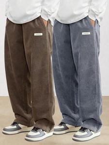 Men's Letter Label Patched Pocket Corduroy Pants, Casual Comfy Straight Leg Trousers for Fall & Winter, Men's Bottoms for Daily Wear