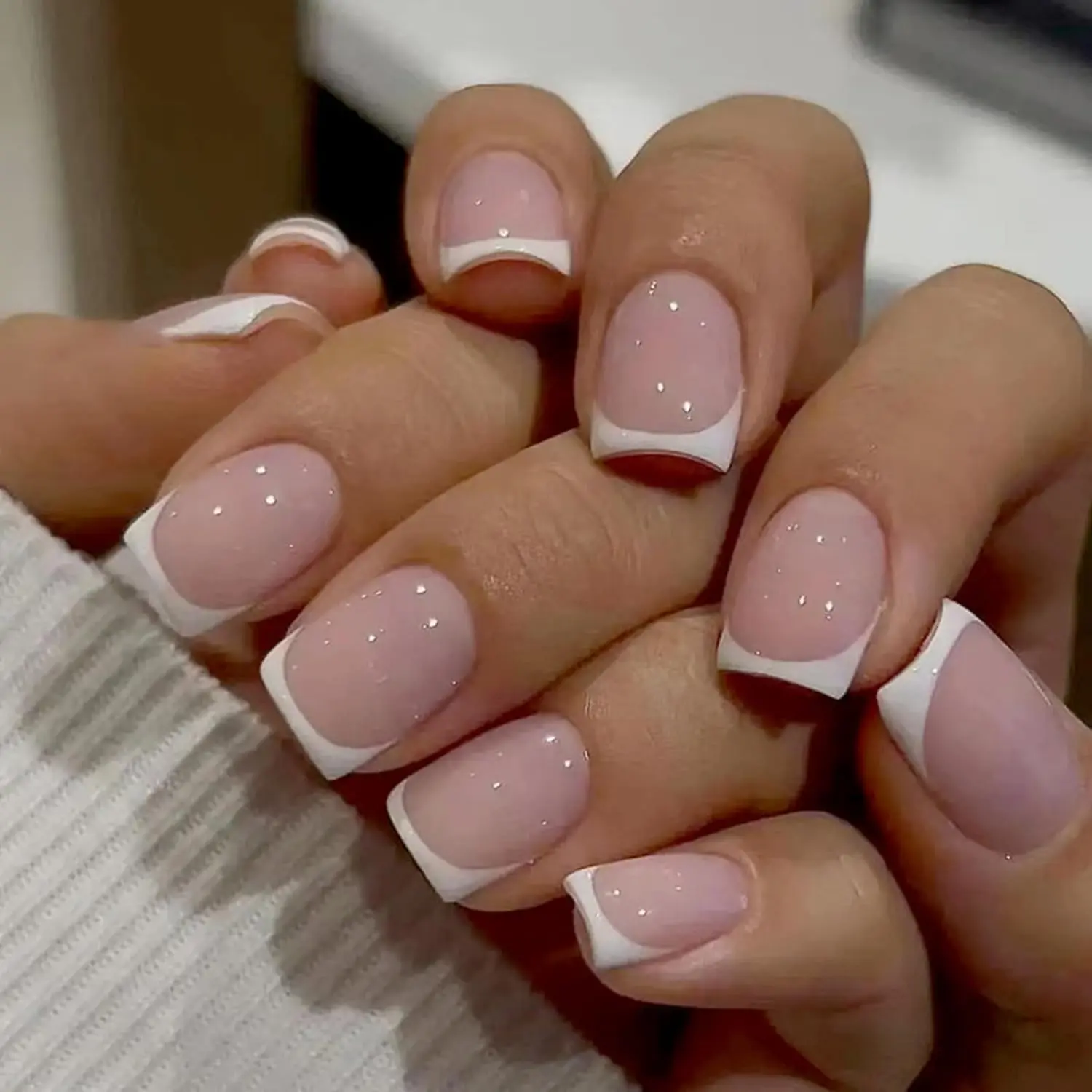 24 Pcs French False Nails - Press On Nails - Full Cover Nude White Square Stick On Nails - French Fake Nails for Women and Girls - Nail Art