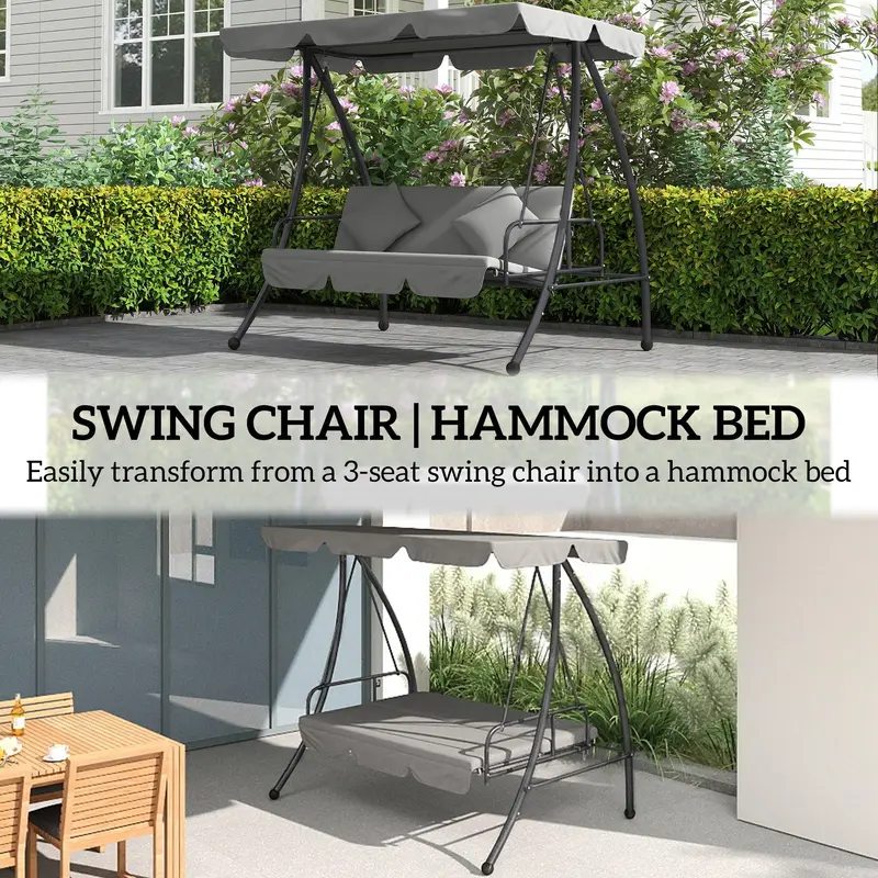 Light Grey 3 Seater Garden Swing Chair Lounger With Cushion and Tilt Canopy by Outsunny 6